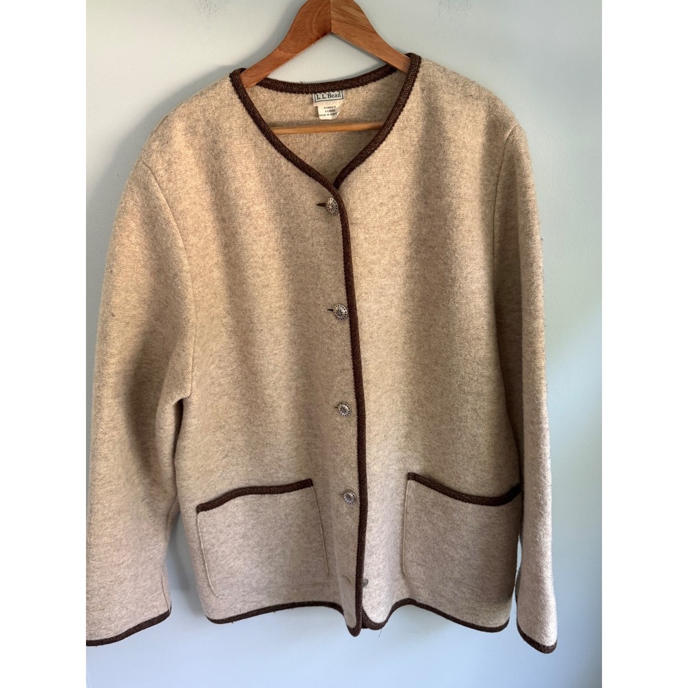 LL Bean Boiled Wool Coat Womens XL Beige Made in Austria Vintage Button Jacket